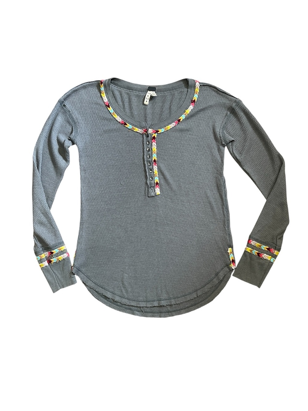 We The Free Gray Long Sleeve Henley with Multicolor Braided Trim